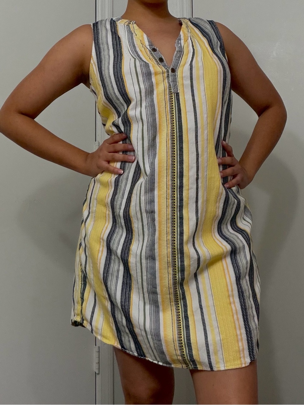 Sleeveless Striped Linen-Blend Shift Dress in Yellow and White